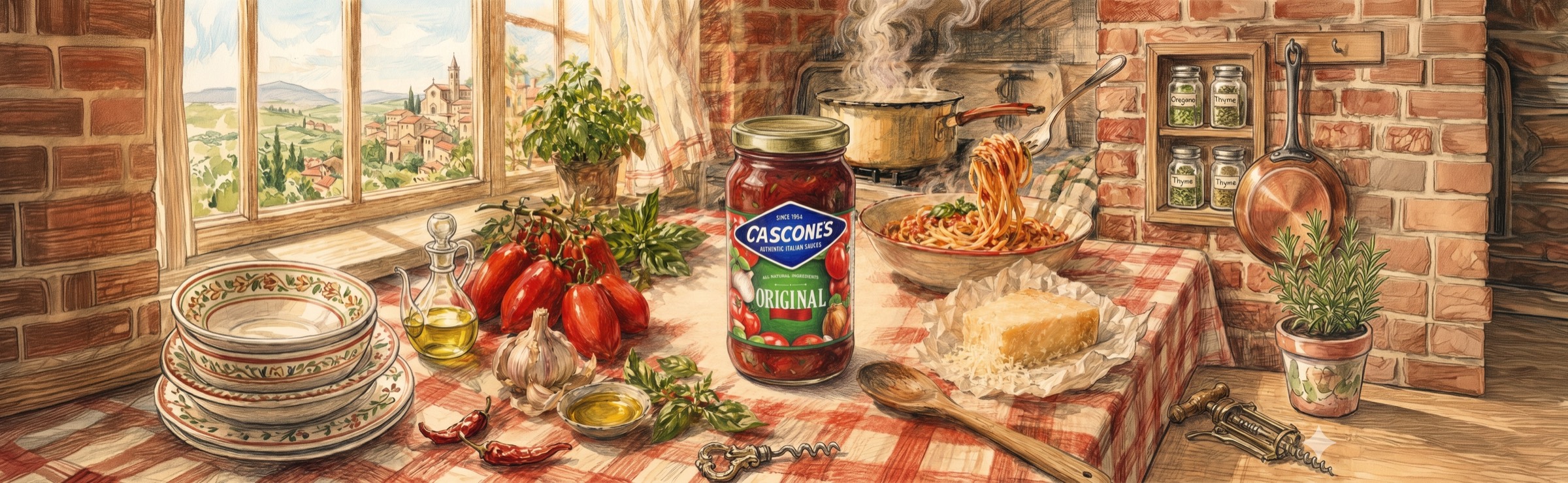 Italian family kitchen with Cascones sauce jar